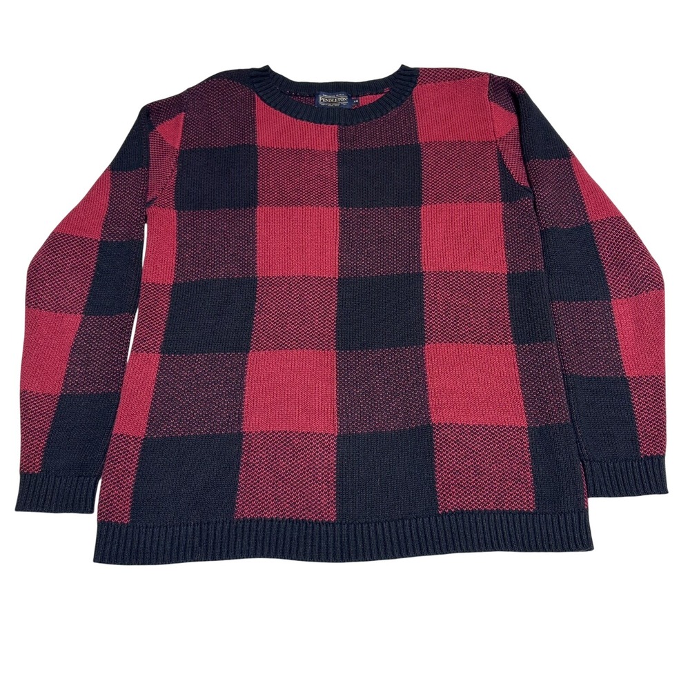Pendleton Crewneck Knit Sweater Womens XS Red Black Buffalo Plaid Check - Picture 1 of 6
